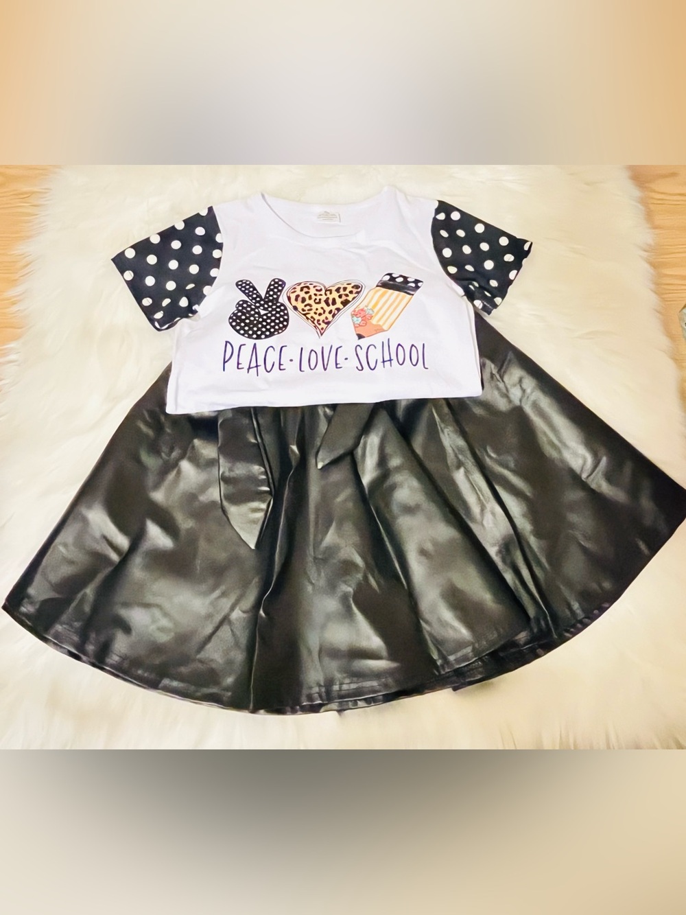 Girls 3XL 2-Piece Graphic Top Skirt Outfit Cheetah Heart Polka Dots Flare Skirt